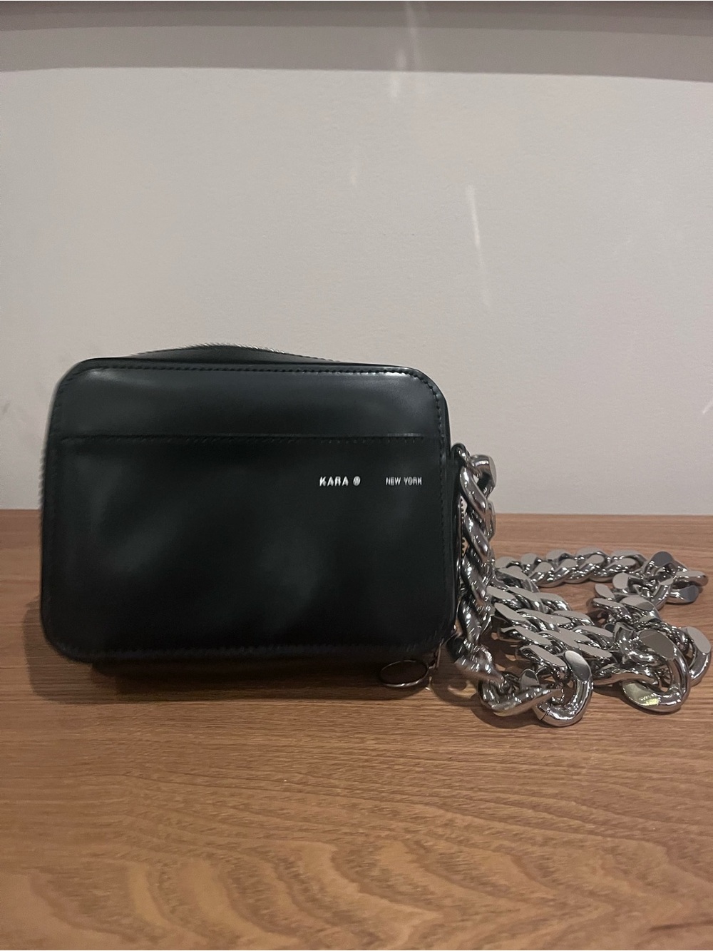 KARA New York Black Leather Crossbody Bag with Silver Chain